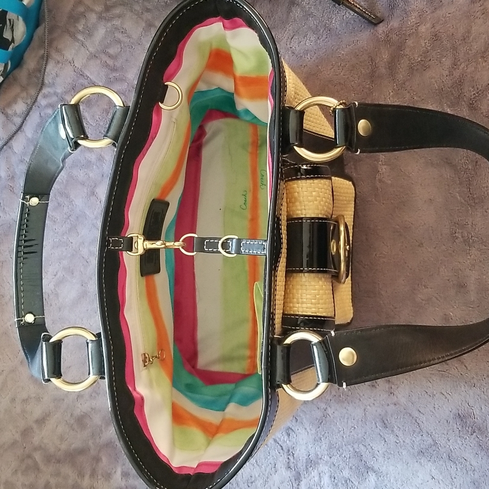 Coach Legacy Cream/Black Straw w/Patent Leather Vintage Tote